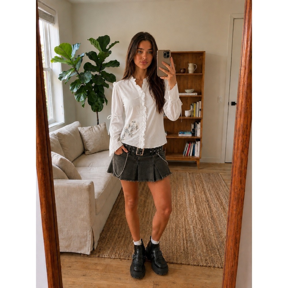 For Love And Liberty Women Blouse S White Ruffle Lace‎ Button Down Y2K Grunge